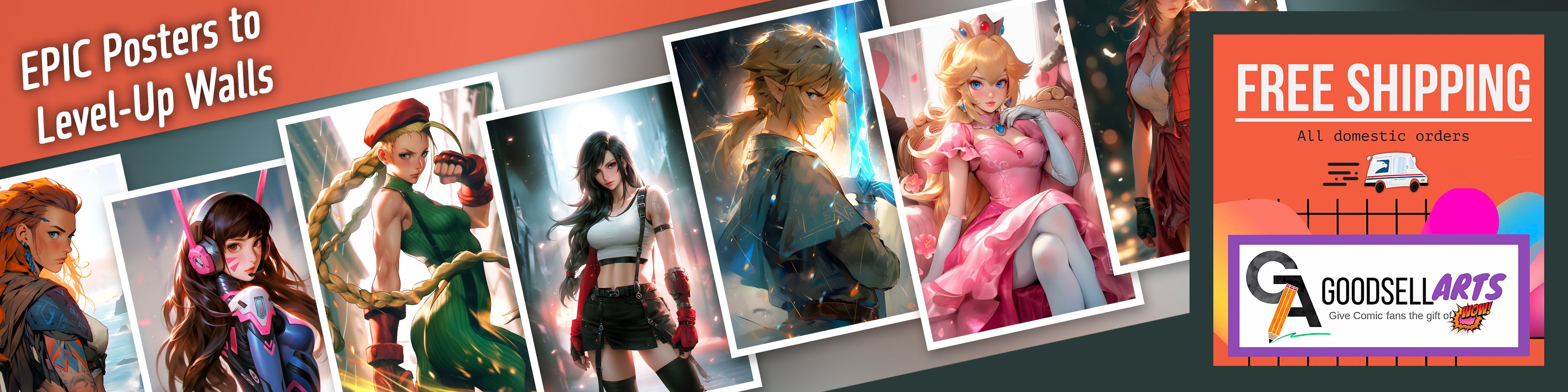 Promotional banner for Goodsell Arts posters with character illustrations and free shipping offer.