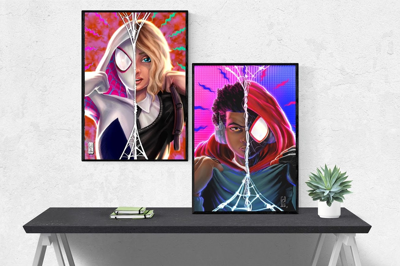 Miles Morales and Gwen Stacey Poster print | Spider-man Wall Art | SpiderVerse Poster | Miles morales Gift |  Game room decor | SpiderGwen