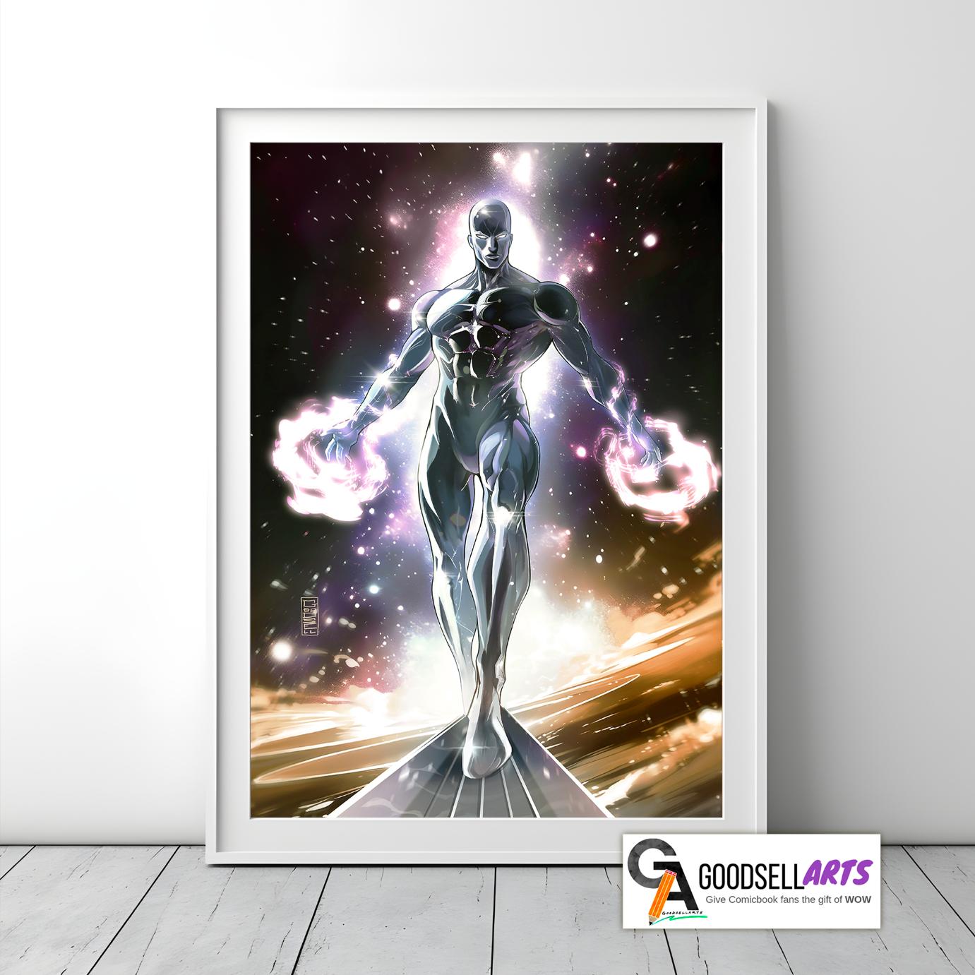 Silver Surfer Poster, Marvel Superhero Wall Art, Fantastic four poster, Fantastic 4 art print, Silver Surfer illustration, game room decor