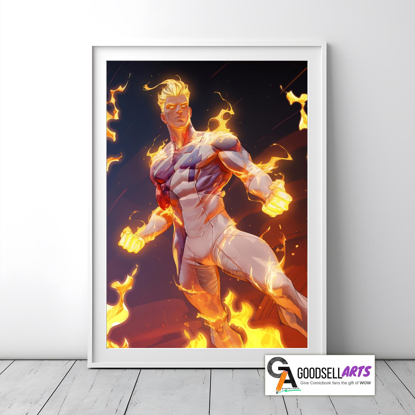 Human Torch Fantastic Four poster | Johnny Storm Art Print, Marvel rivals Game Room Decor, Superhero Gamer Wall Art Gift, Comic Geek gift