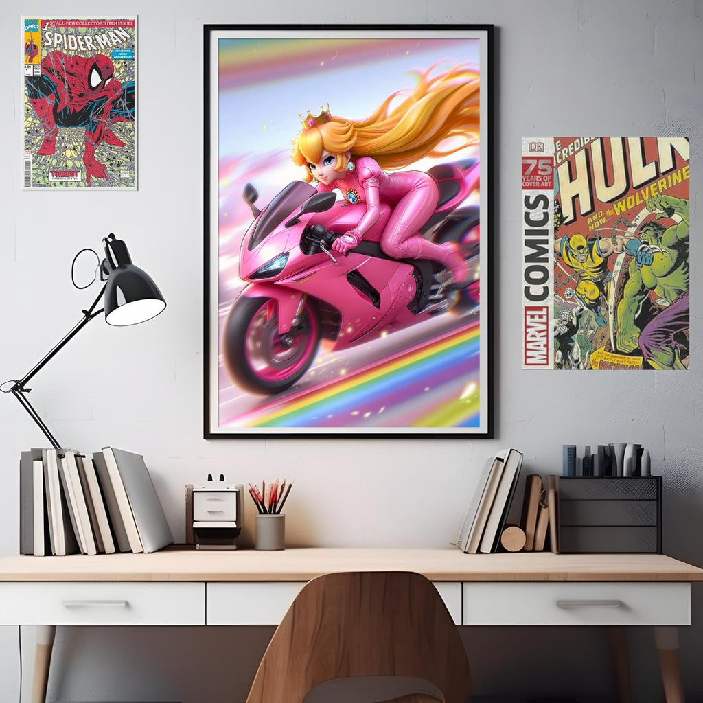 Princess Peach Motorcycle Poster, Mario Kart Wall Art, Video Game Decor, Princess Toadstool, Gamer Gifts for Her, Nintendo Mario bros art