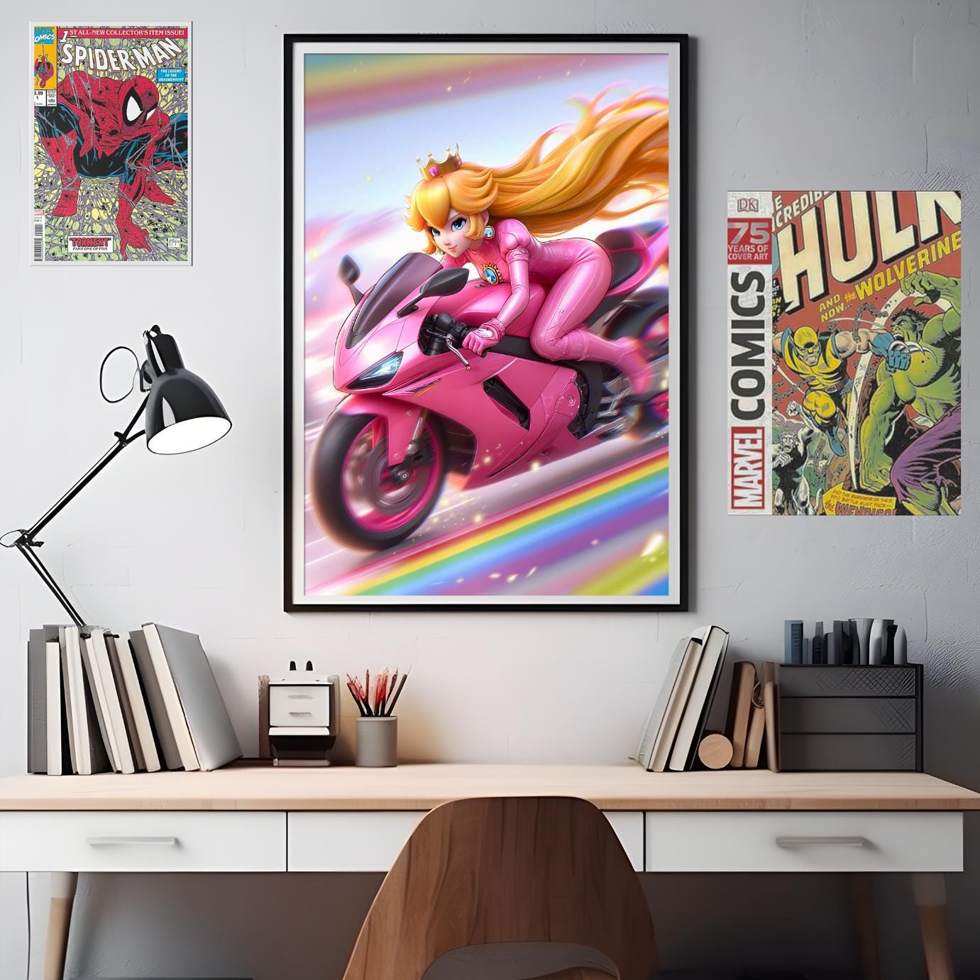 Princess Peach Motorcycle Poster, Mario Kart Wall Art, Video Game Decor, Princess Toadstool, Gamer Gifts for Her, Nintendo Mario bros art