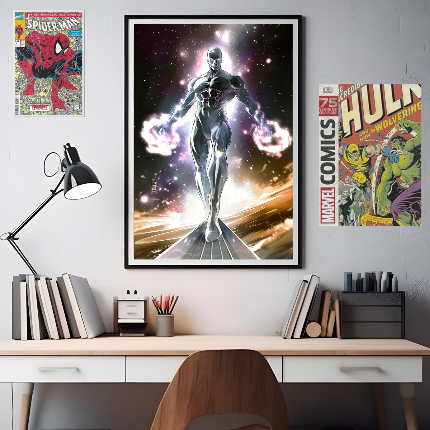 Silver Surfer Poster, Marvel Superhero Wall Art, Fantastic four poster, Fantastic 4 art print, Silver Surfer illustration, game room decor