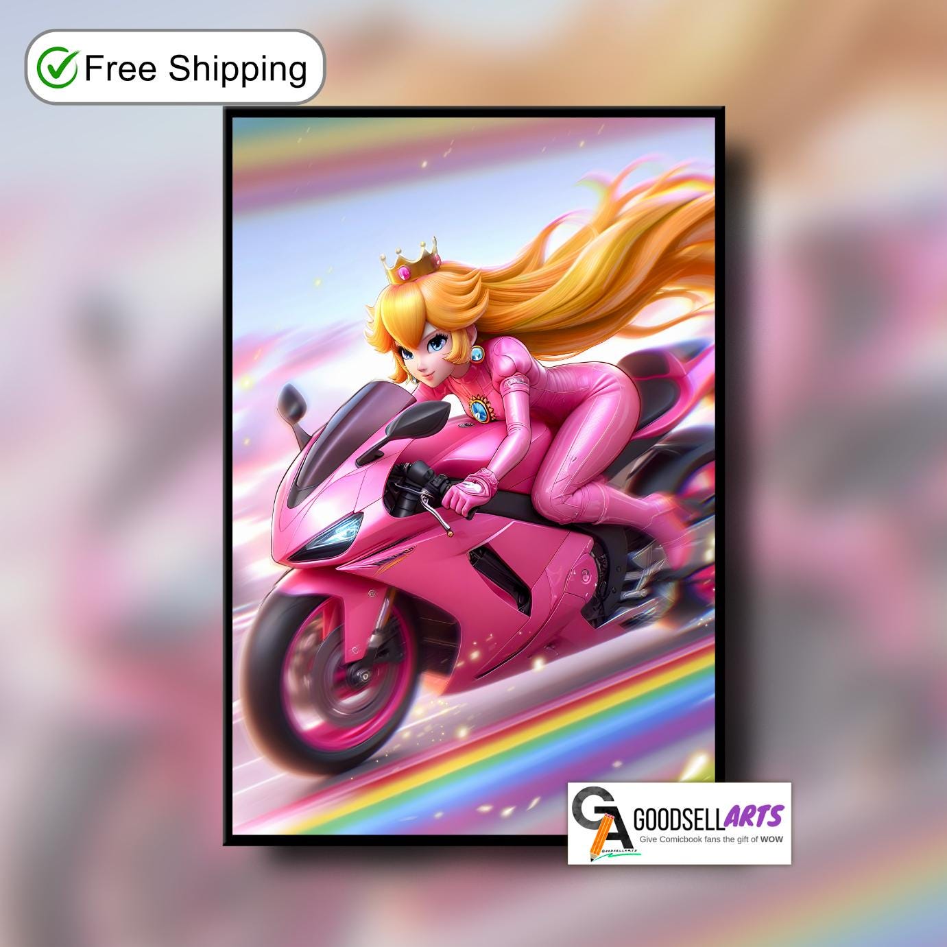 Princess Peach Motorcycle Poster, Mario Kart Wall Art, Video Game Decor, Princess Toadstool, Gamer Gifts for Her, Nintendo Mario bros art
