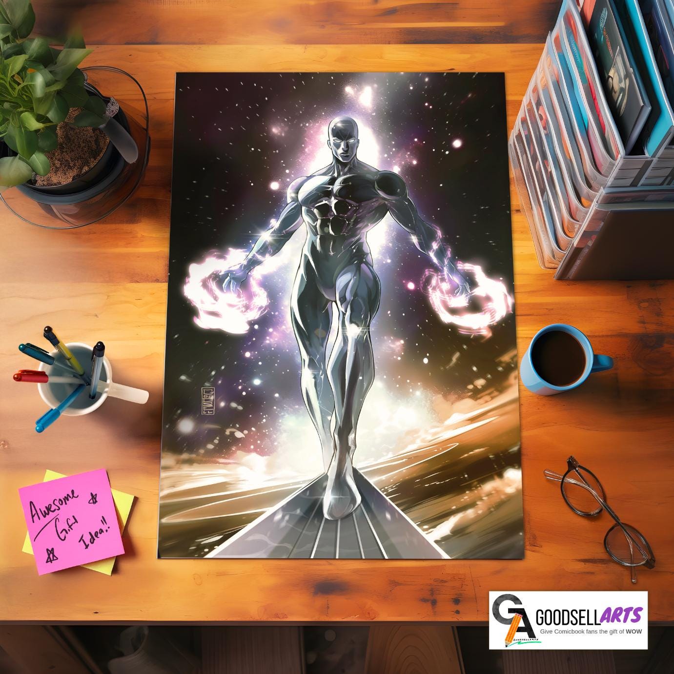 Silver Surfer Poster, Marvel Superhero Wall Art, Fantastic four poster, Fantastic 4 art print, Silver Surfer illustration, game room decor