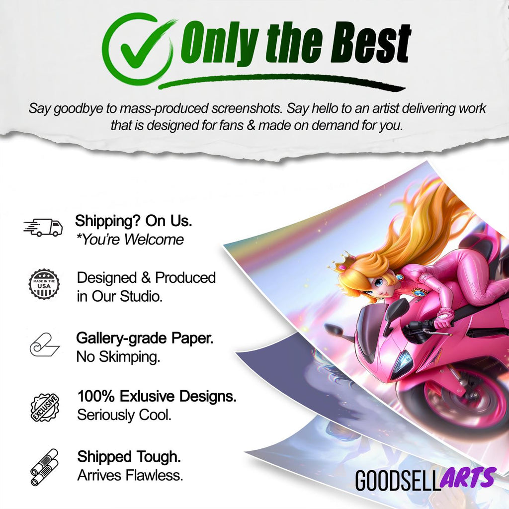 Princess Peach Motorcycle Poster, Mario Kart Wall Art, Video Game Decor, Princess Toadstool, Gamer Gifts for Her, Nintendo Mario bros art