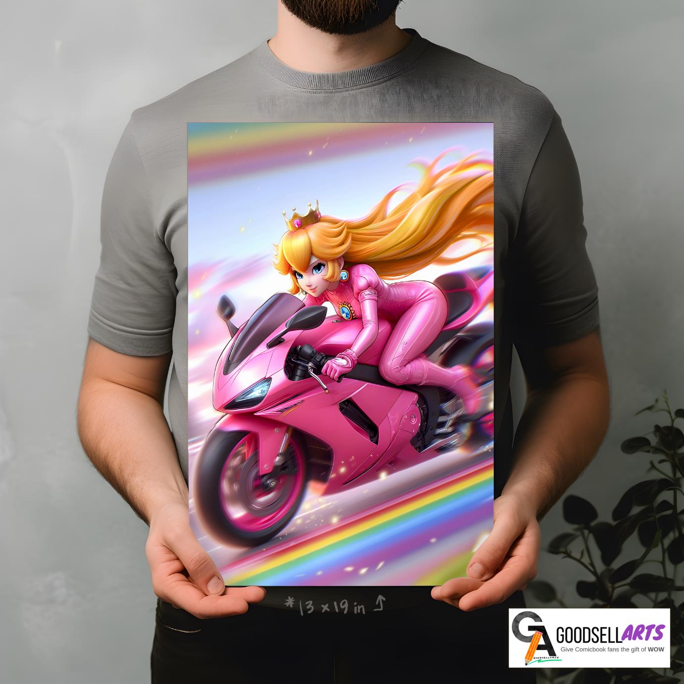 Princess Peach Motorcycle Poster, Mario Kart Wall Art, Video Game Decor, Princess Toadstool, Gamer Gifts for Her, Nintendo Mario bros art