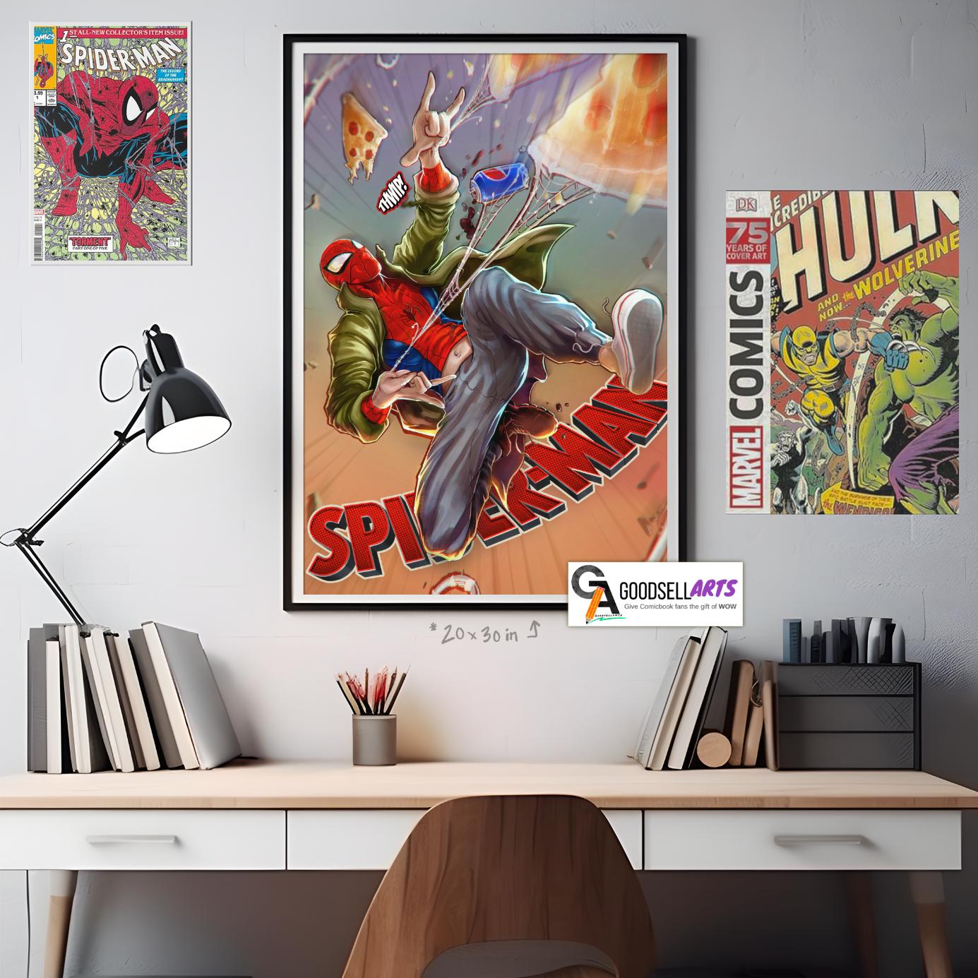 Peter Parker Pizza Poster – Spiderverse Wall Art Print, Marvel Spider-Man Fan Gift, Comic Book Decor for Game Room, Dorm, or Office