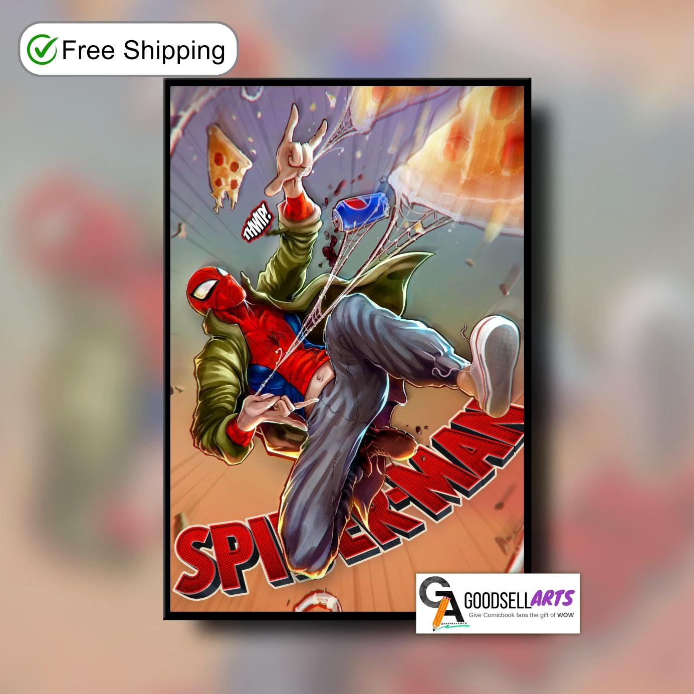 Peter Parker Pizza Poster – Spiderverse Wall Art Print, Marvel Spider-Man Fan Gift, Comic Book Decor for Game Room, Dorm, or Office