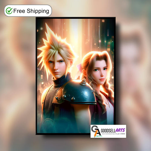 Aerith and Cloud Final Fantasy Poster, FF7 Rebirth Art Print, Aerith Gainsborough & Cloud Strife Final Fantasy 7 wall art, Game room decor