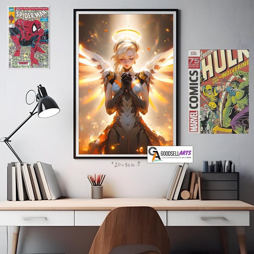Mercy Poster, Hero Mercy art print, Mercy Angel Poster, Gaming Poster, Video Game Poster, Gamer Room Decor, Mercy OW gift