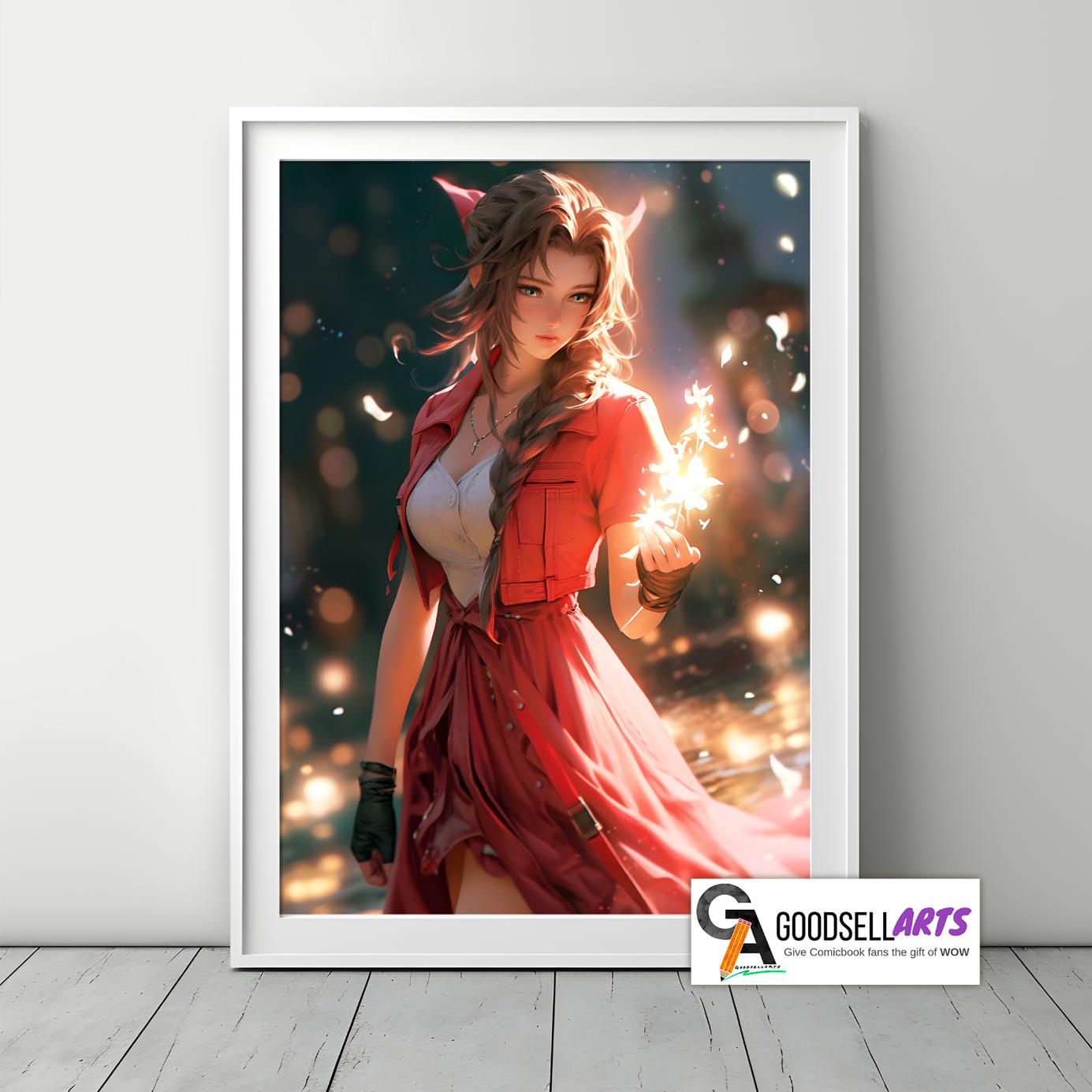 Aerith Final Fantasy Poster | FF7 Remake Prints, Aerith Gainsborough wall art, Final Fantasy fan gift, Large gamer decor, RPG Gamer Gift