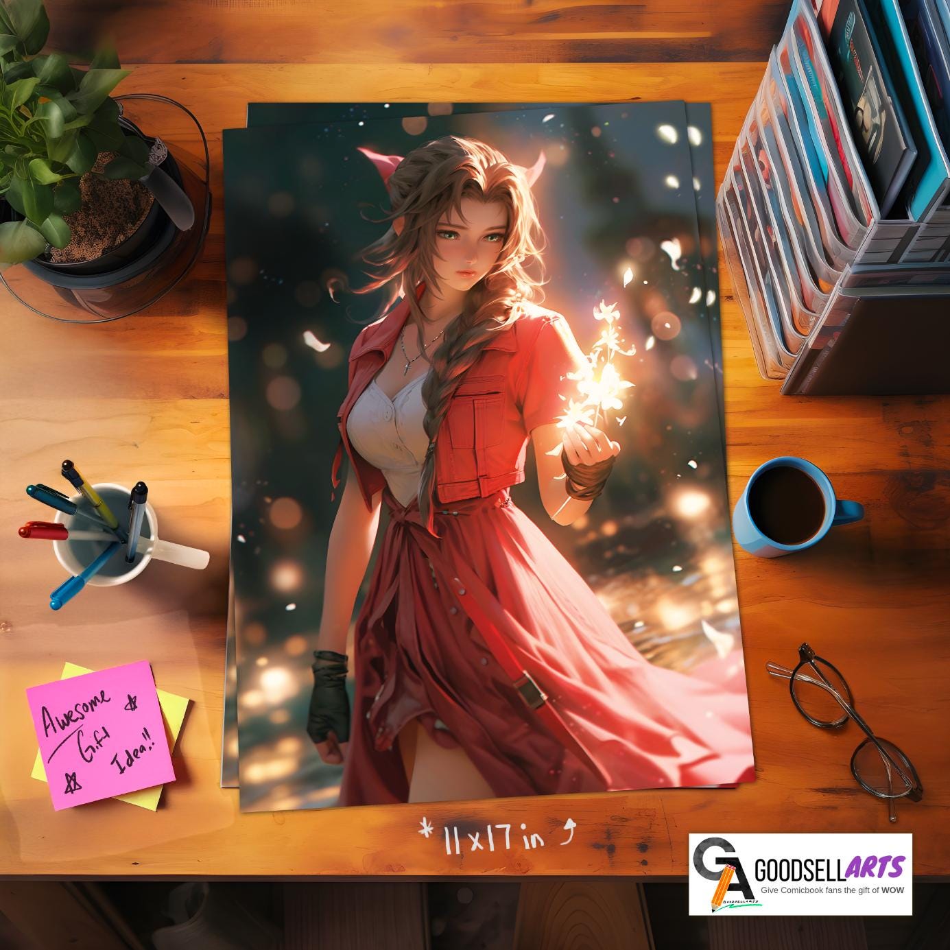 Aerith Final Fantasy Poster | FF7 Remake Prints, Aerith Gainsborough wall art, Final Fantasy fan gift, Large gamer decor, RPG Gamer Gift
