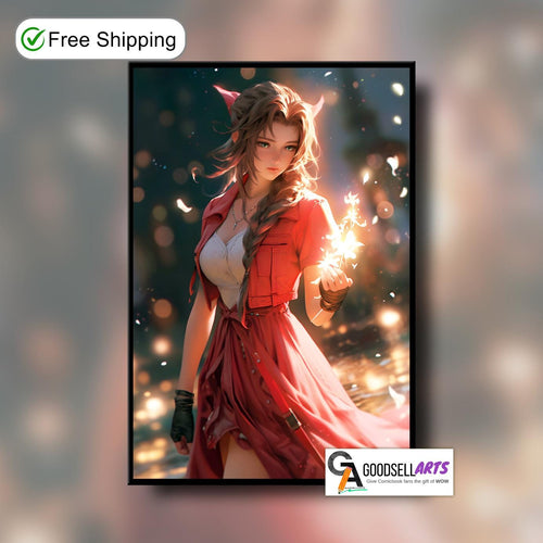 Aerith Final Fantasy Poster | FF7 Remake Prints, Aerith Gainsborough wall art, Final Fantasy fan gift, Large gamer decor, RPG Gamer Gift