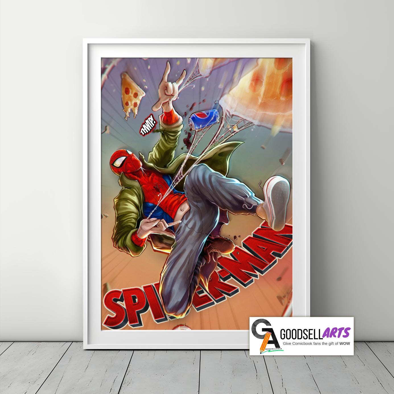 Peter Parker Pizza Poster – Spiderverse Wall Art Print, Marvel Spider-Man Fan Gift, Comic Book Decor for Game Room, Dorm, or Office