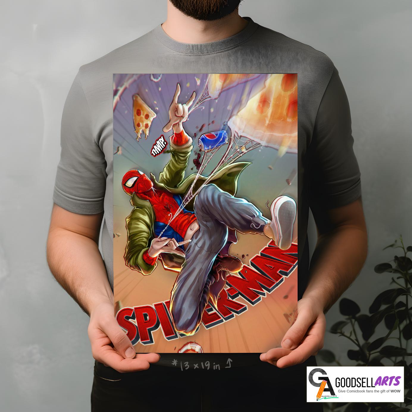 Peter Parker Pizza Poster – Spiderverse Wall Art Print, Marvel Spider-Man Fan Gift, Comic Book Decor for Game Room, Dorm, or Office