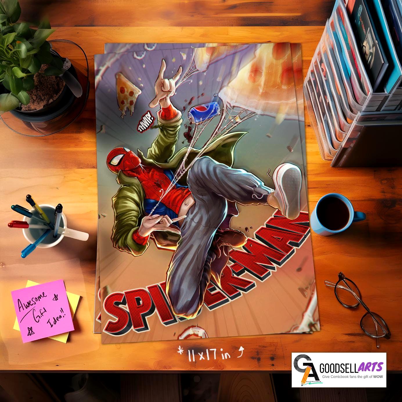 Peter Parker Pizza Poster – Spiderverse Wall Art Print, Marvel Spider-Man Fan Gift, Comic Book Decor for Game Room, Dorm, or Office